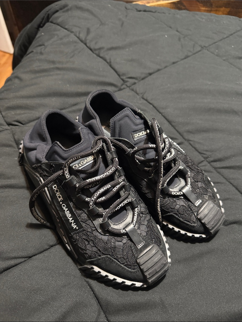 Dolce & Gabbana Black Lace Logo-Trim Sneakers. NS1 slip-on sneakers